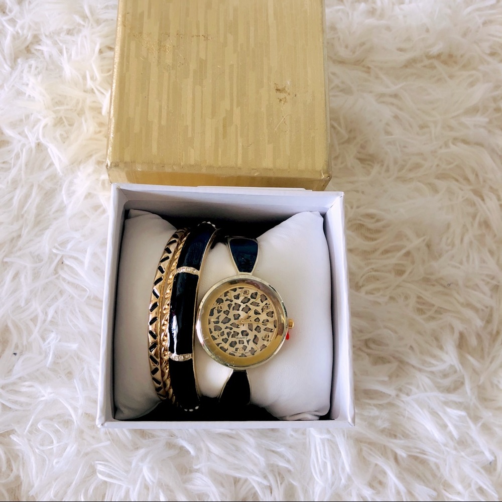 Quartz Cheetah Print Watch Bangle Set - image 2
